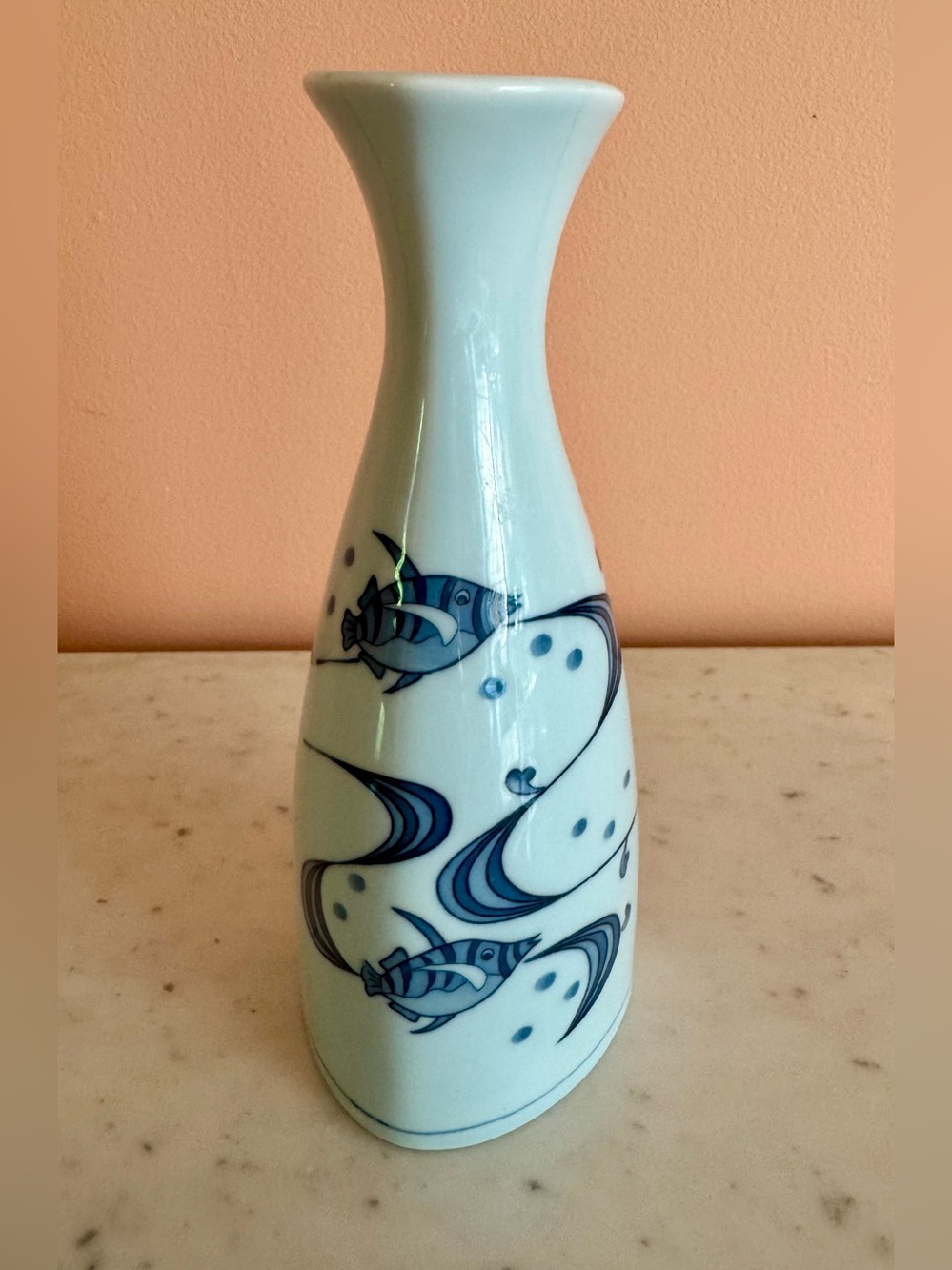 Charming Swimming Fish Ceramic Sake Bottle or Vase, Japanese
